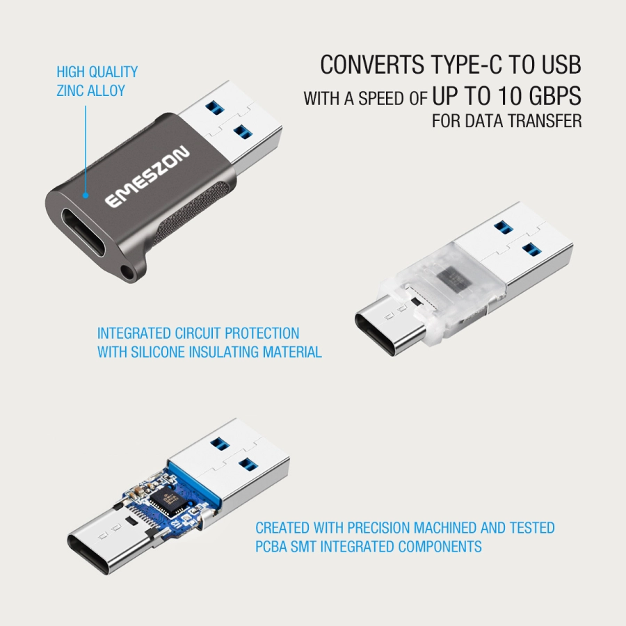 Adaptor cablu Type-C, Emeszon®, Converteste OTG Type-C sau USB-C la USB 3.2, transfer date pana la 10 Gbps, aliaj zinc, gri