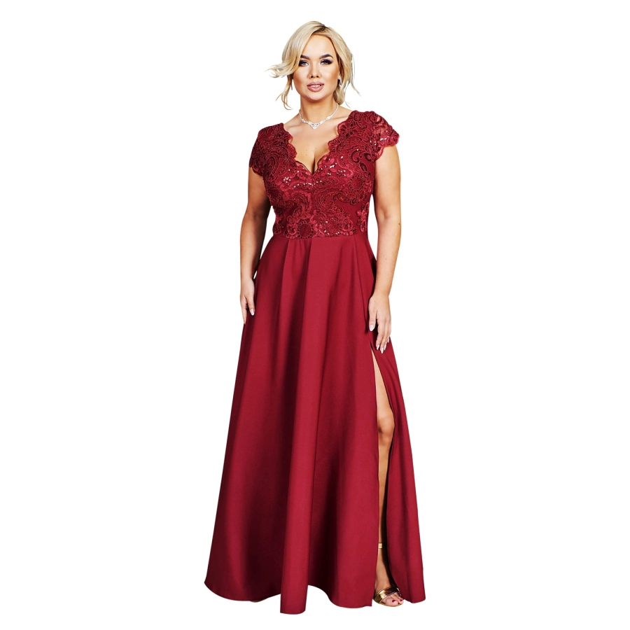 Rochie CRYSTAL lunga eleganta cu broderie, tesatura gabardina cu fanta discreta pe picior, marime 54, plus size, burgundy