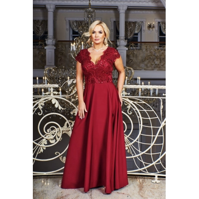 Rochie CRYSTAL lunga eleganta cu broderie, tesatura gabardina cu fanta discreta pe picior, marime 54, plus size, burgundy