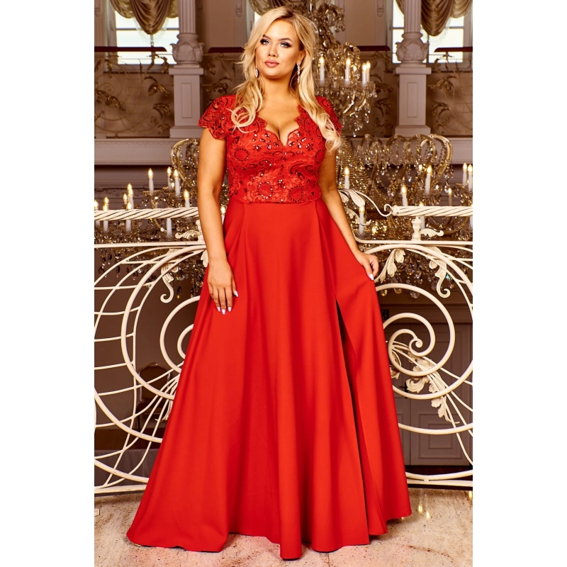 Rochie CRYSTAL lunga eleganta cu broderie, tesatura garbandina, cu fanta discreta pe picior, marime 52, plus size, rosu