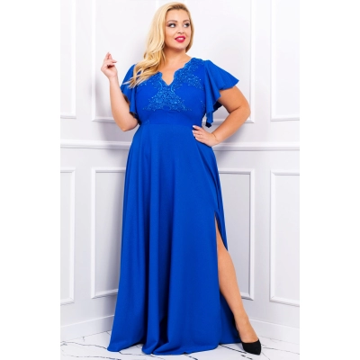 Rochie LAURA lunga eleganta cu broderie, brocart, cu fanta discreta pe picior, marime 50, plus size, albastru regal