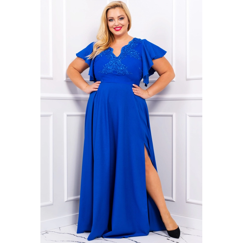 Rochie LAURA lunga eleganta cu broderie, brocart, cu fanta discreta pe picior, marime 50, plus size, albastru regal