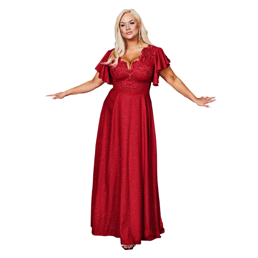 Rochie LAURA lunga eleganta cu broderie, brocart, cu fanta discreta pe picior, marime 54, plus size, burgundy