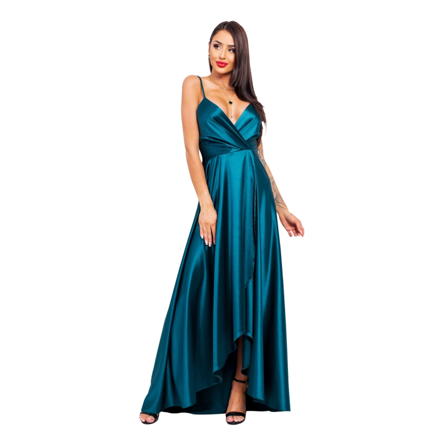 Rochie LIVIA lunga eleganta din satin, ce pune in valoare silueta si subliniaza talia, cu fanta pe picior, marime 38, verde