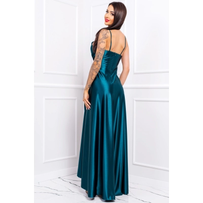 Rochie LIVIA lunga eleganta din satin, ce pune in valoare silueta si subliniaza talia, cu fanta pe picior, marime 38, verde