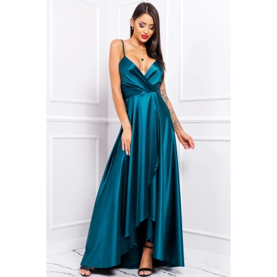 Rochie LIVIA lunga eleganta din satin, ce pune in valoare silueta si subliniaza talia, cu fanta pe picior, marime 38, verde