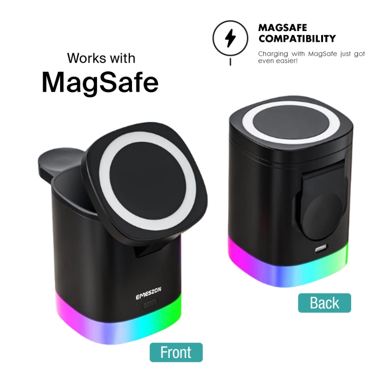 Statie Incarcare Wireless Magsafe 15W RGB ET15, Emeszon ®, Compatibil cu iPhone, AirPords, Apple Watch, Samsung, LG, Sony, Negru