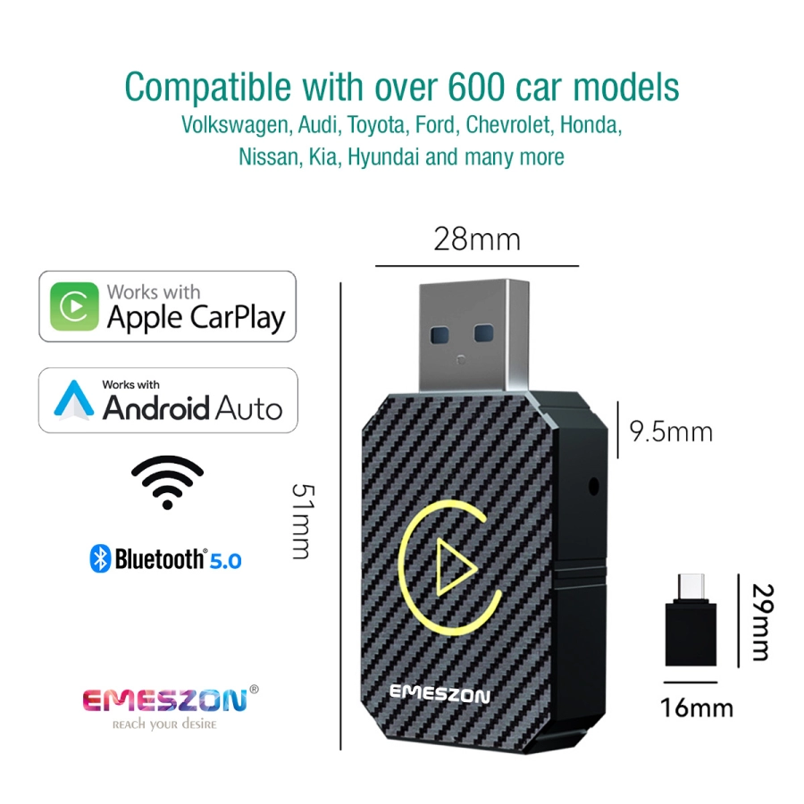 Adaptor auto Wireless CarPlay si Android Auto, Emeszon®, FC1, USB si Type-C, Wifi 5.8GHz, Bluetooth 5, fibra carbon, negru