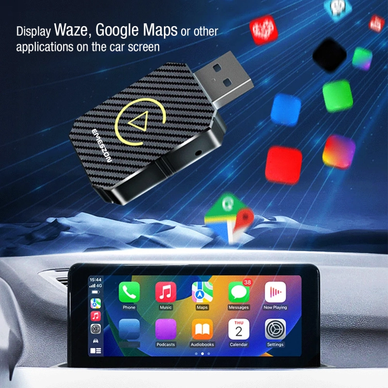 Adaptor auto Wireless CarPlay si Android Auto, Emeszon®, FC1, USB si Type-C, Wifi 5.8GHz, Bluetooth 5, fibra carbon, negru