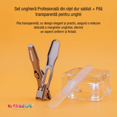 Set Profesional ingrijire unghii, EMESZON® U1, Unghiera din otel dur sablat si Pila transparenta, pentru unghii foarte dure, gri