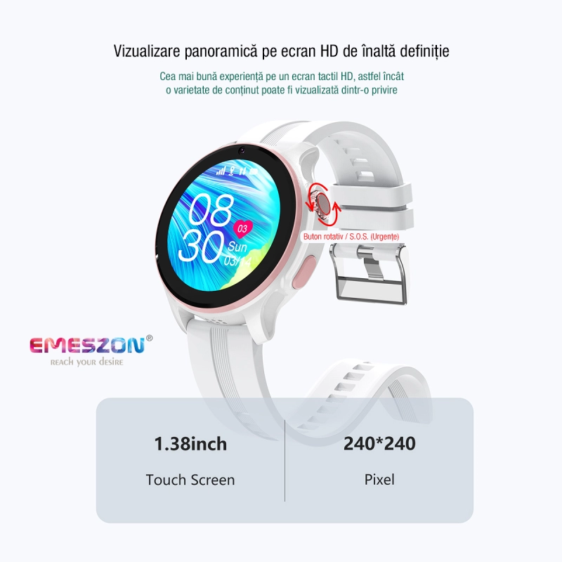 Ceas inteligent SmartWatch SIM 4G LTE Emeszon® A22, localizare Copii si Adulti prin GPS, Apel Video, IP67, SOS, LBS, Wi-Fi, Alb