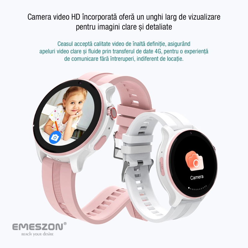 Ceas inteligent SmartWatch SIM 4G LTE Emeszon® A22, localizare Copii si Adulti prin GPS, Apel Video, IP67, SOS, LBS, Wi-Fi, Alb