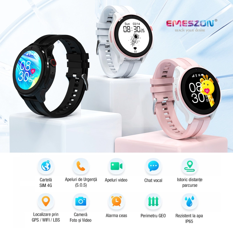 Ceas inteligent SmartWatch SIM 4G LTE Emeszon® A22, localizare Copii si Adulti prin GPS, Apel Video, IP67, SOS, LBS, Wi-Fi, Alb