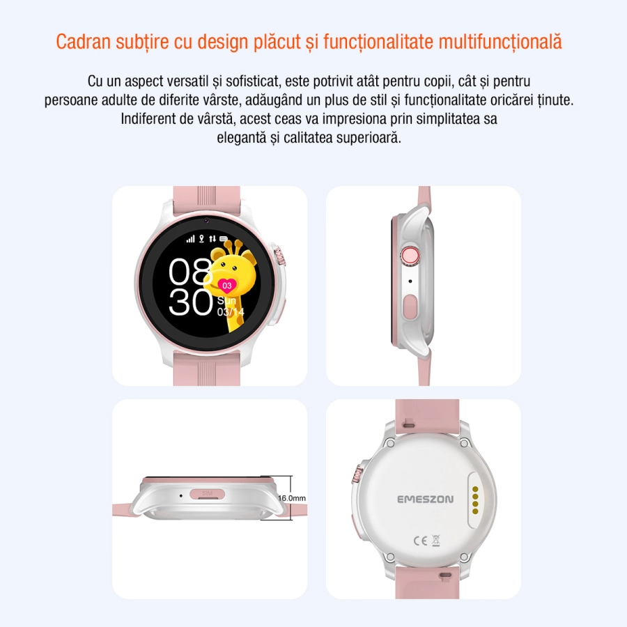 Ceas inteligent SmartWatch SIM 4G LTE Emeszon® A22, localizare Copii si Adulti prin GPS, Apel Video, IP67, SOS, LBS, Wi-Fi, Alb