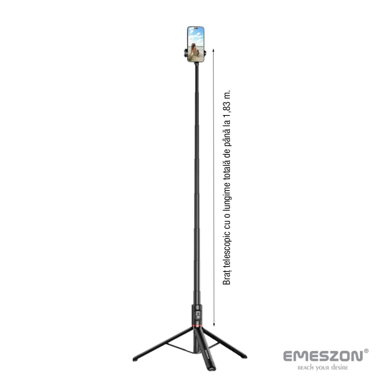 Selfie Stick Telescopic Profesional cu Trepied - Monopied, Emeszon® C10, Lungime 36.5 - 183 cm, Telecomanda Bluetooth, Negru