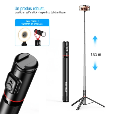 Selfie Stick Telescopic Profesional cu Trepied - Monopied, Emeszon® C10, Lungime 36.5 - 183 cm, Telecomanda Bluetooth, Negru