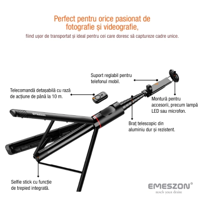 Selfie Stick Telescopic Profesional cu Trepied - Monopied, Emeszon® C10, Lungime 36.5 - 183 cm, Telecomanda Bluetooth, Negru