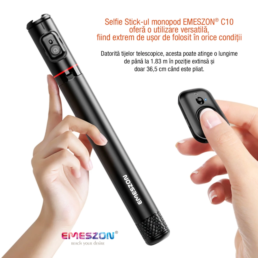 Selfie Stick Telescopic Profesional cu Trepied - Monopied, Emeszon® C10, Lungime 36.5 - 183 cm, Telecomanda Bluetooth, Negru