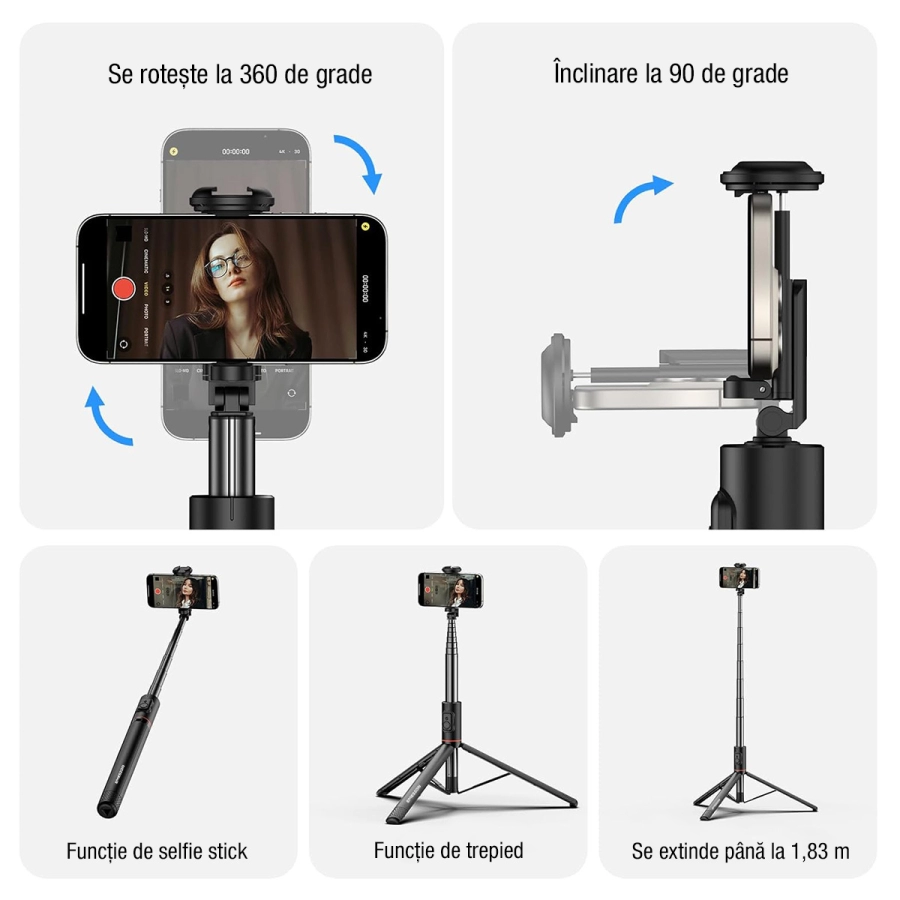 Selfie Stick Telescopic Profesional cu Trepied - Monopied, Emeszon® C10, Lungime 36.5 - 183 cm, Telecomanda Bluetooth, Negru