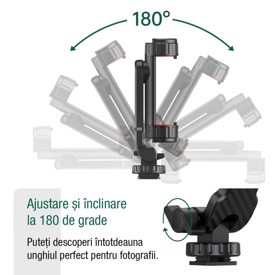 Suport Telefon cu Filet 1/4 si Montura Cold Shoe, EMESZON®, Rotatie 360, model cu Fibra de Carbon, pentru fixare Telefon, negru