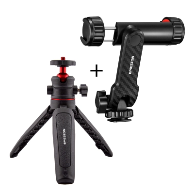 Suport Telefon cu Filet 1/4 Montura Cold Shoe + Trepied mini TM-02, EMESZON®, Rotativ 360°, Selfie stick si Trepied, negru