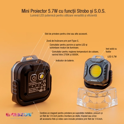 Mini Proiector Lanterna LED Tricolor + Rosu 5.7W, EMESZON®, Strobo, SOS, prindere Magnet, Stativ, Filet 1/4 inch, albastru-negru