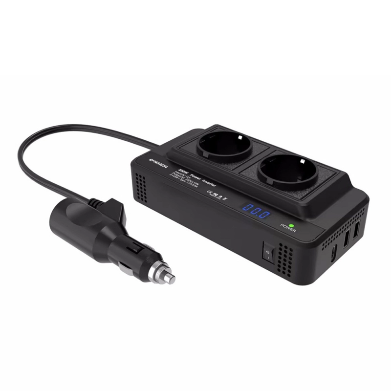 Invertor de tensiune Auto 12V, EMESZON® M8300-2, Putere 200W, Iesire 220V-230V 50Hz si 2xUSB-A + 1xType-C 5V 5.4A, QC 3.0, Negru