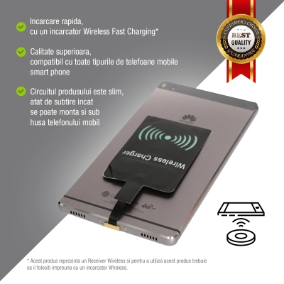 Incarcator Wireless Receiver Type - A Micro USB, Envisage, putere 5V / 1A, incarcare telefon cu inductie electromagnetica, negru