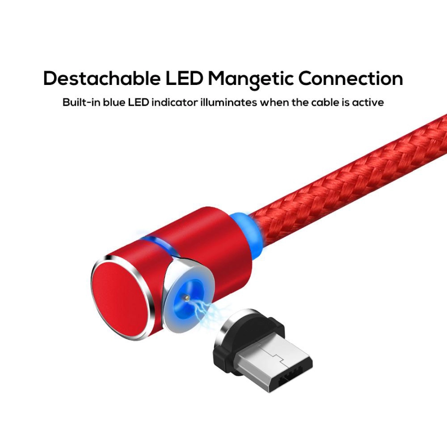 Cablu magnetic incarcare telefone mobile, TOPK, LED, lungime 1m, 2.4A USB la Micro USB, unghi 90 grade, rotatie 360, rosu