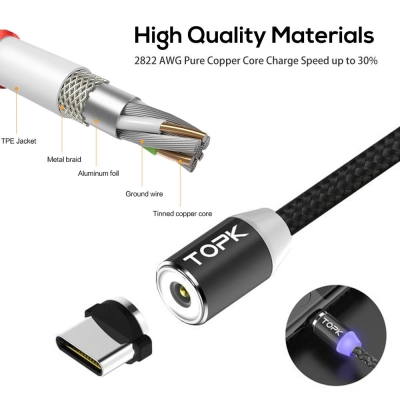 Cablu de incarcare magnetic, TOPK, LED, 1m, 2.4A USB Type-C USB-C, rotatie 360, compatibil cu telefoane mobile, negru