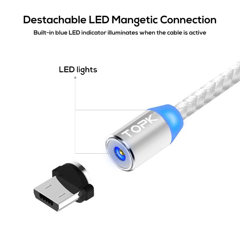 Cablu de incarcare magnetic, TOPK, LED, 1m 2.4A USB Micro USB rotatie 360, compatibil cu majoritatea telefoanelor, argintiu/gri