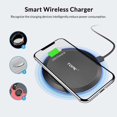 Incarcator Wireless, TOPK, LED Fast Charge 10W, pentru telefoane mobile cu incarcare wireless, negru