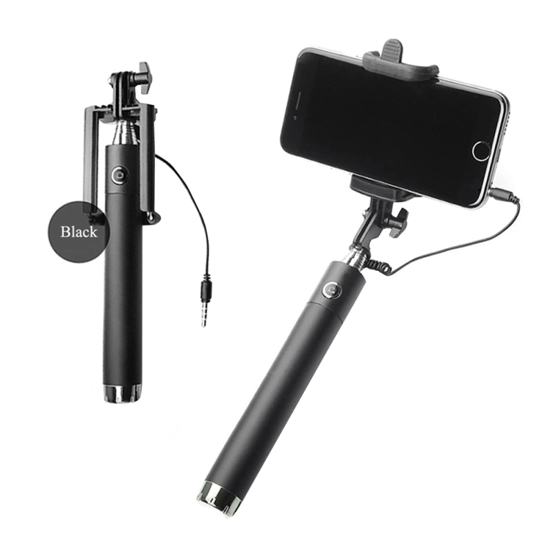 Selfie stick monopod telescopic, Emeszon®, cu fir si mufa jack pentru telefoane mobile Android sau iPhone, 78 cm, negru