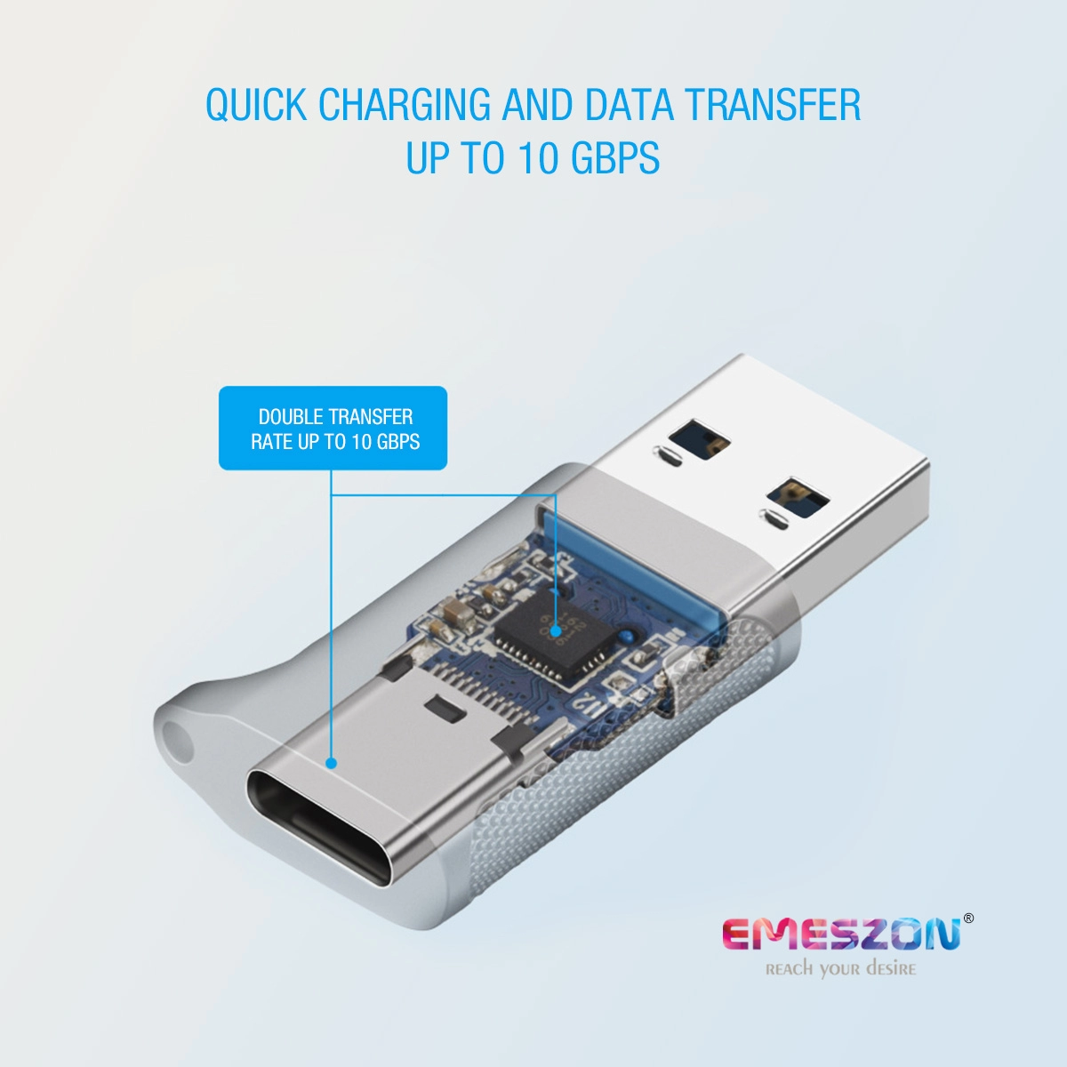 Adaptor cablu Type-C, Emeszon®, Converteste OTG Type-C sau USB-C la USB 3.2, transfer date pana la 10 Gbps, aliaj zinc, gri