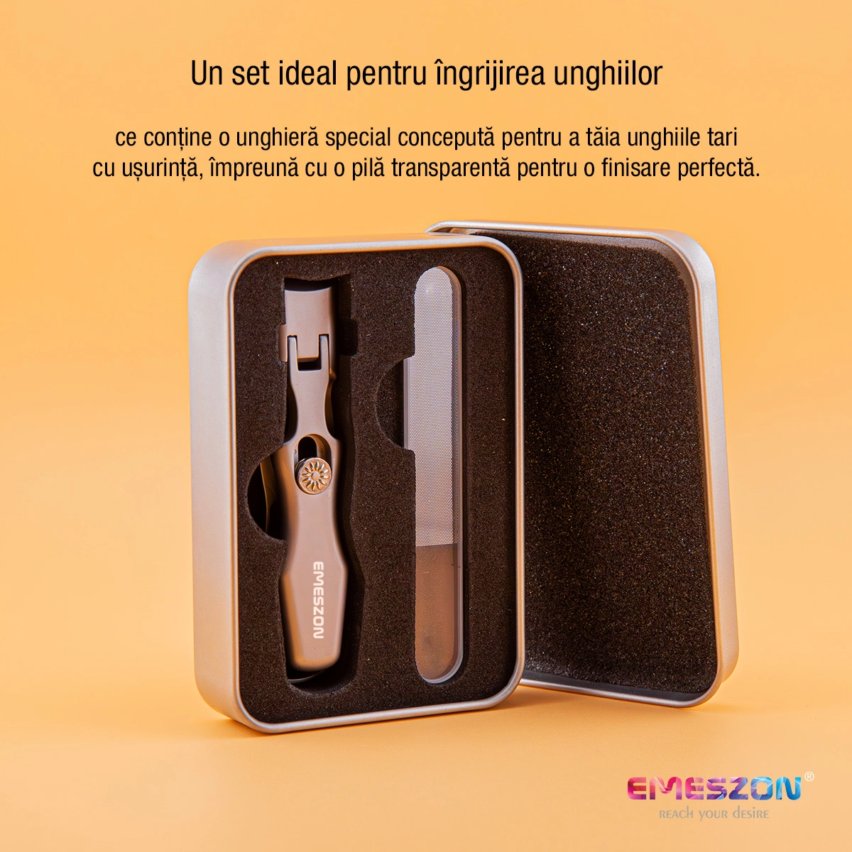 Set Profesional pentru ingrijirea unghiilor, EMESZON® U1, Unghiera Profesionala din otel dur sablat si Pila transparenta, Ideal pentru unghii foarte dure, Lame ultra ascutite, Siguranta de blocare, pentru Casa, Calatorii si Ingrijirea familiei, gri