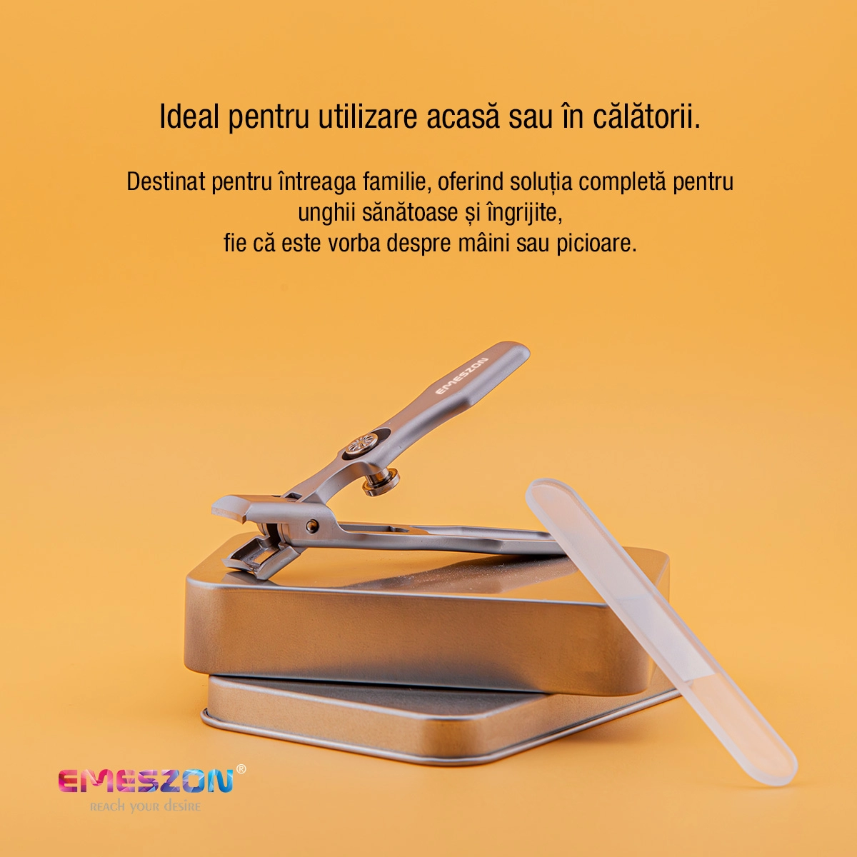 Set Profesional pentru ingrijirea unghiilor, EMESZON® U1, Unghiera Profesionala din otel dur sablat si Pila transparenta, Ideal pentru unghii foarte dure, Lame ultra ascutite, Siguranta de blocare, pentru Casa, Calatorii si Ingrijirea familiei, gri