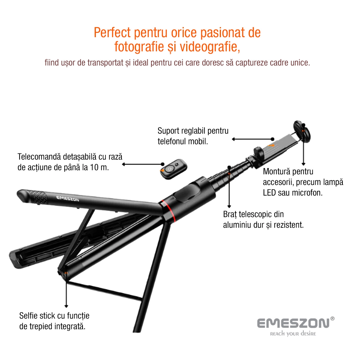 Selfie Stick Telescopic Profesional cu Trepied - Monopied, Emeszon® C10, Lungime 36.5 - 183 cm, Suporta Microfon sau Lampa LED, Telecomanda Bluetooth, pentru Telefon Mobil, Negru