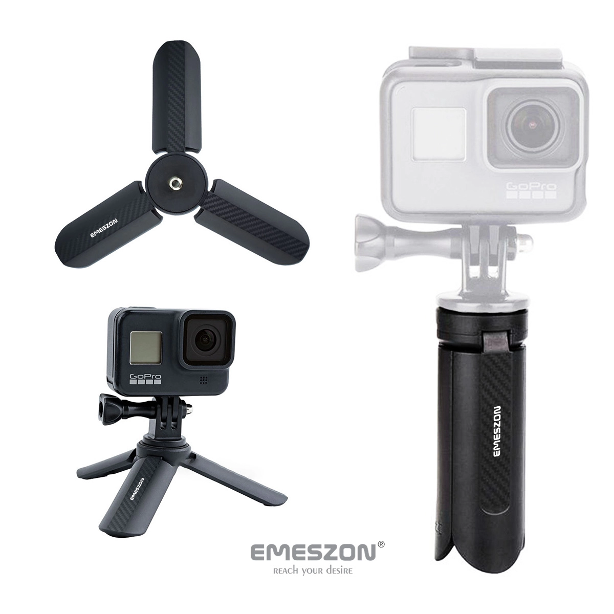 Trepied Mini TM-01 EMESZON®, montura filet 1/4 inch, model fibra de carbon, compatibil cu DJI Osmo, Selfie Stick, Gimbal, Reportofon, Lampa LED, Microfon, Blitz, Camera de actiune, Camera Foto si Video, negru